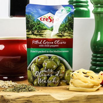 Crespo Pouches Pitted Green Olives with Chilli Pepper 70g