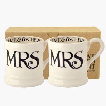 Emma Bridgewater Black Toast Mrs & Mrs Set 1/2 Pint Mugs Boxed